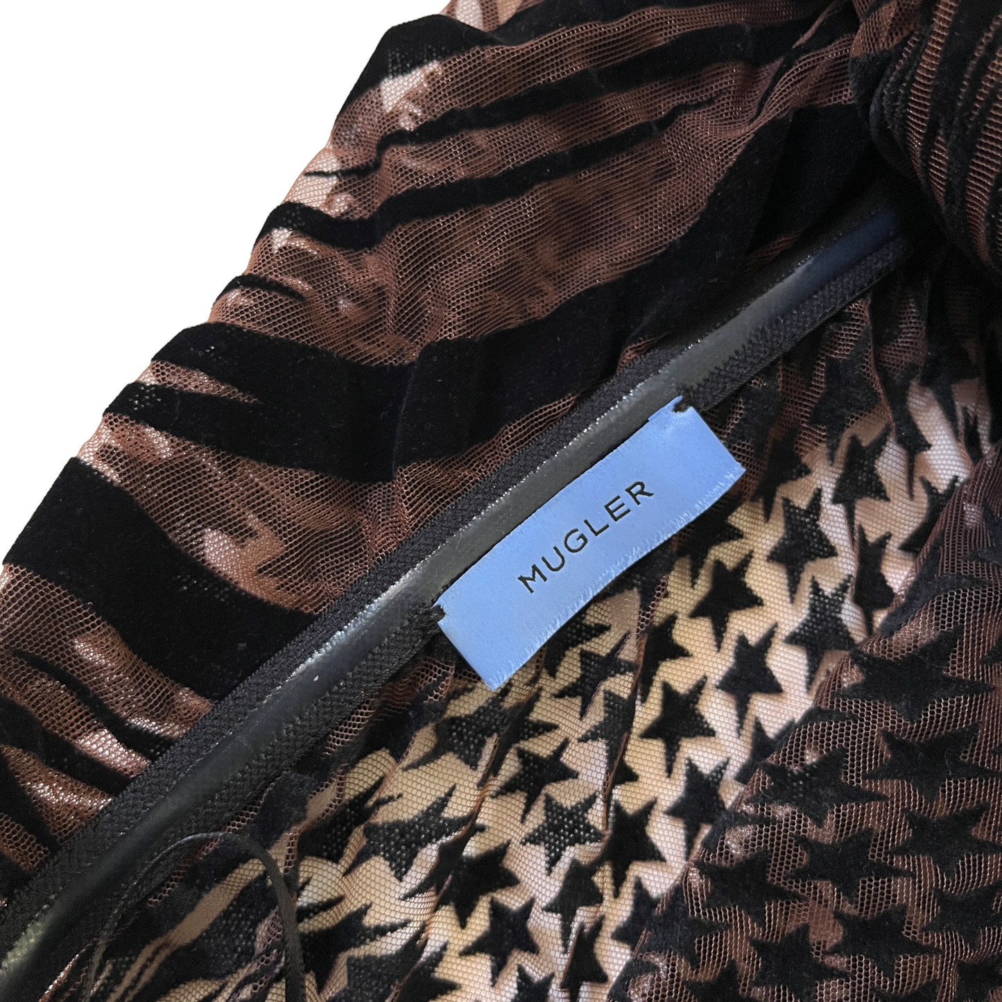 Mugler Off the Shoulder Flocked Star Wavy Dress in Nude 02 & Black