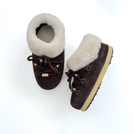 MOON BOOT Evx Mule Suede Bead in Dark Brown & Natural