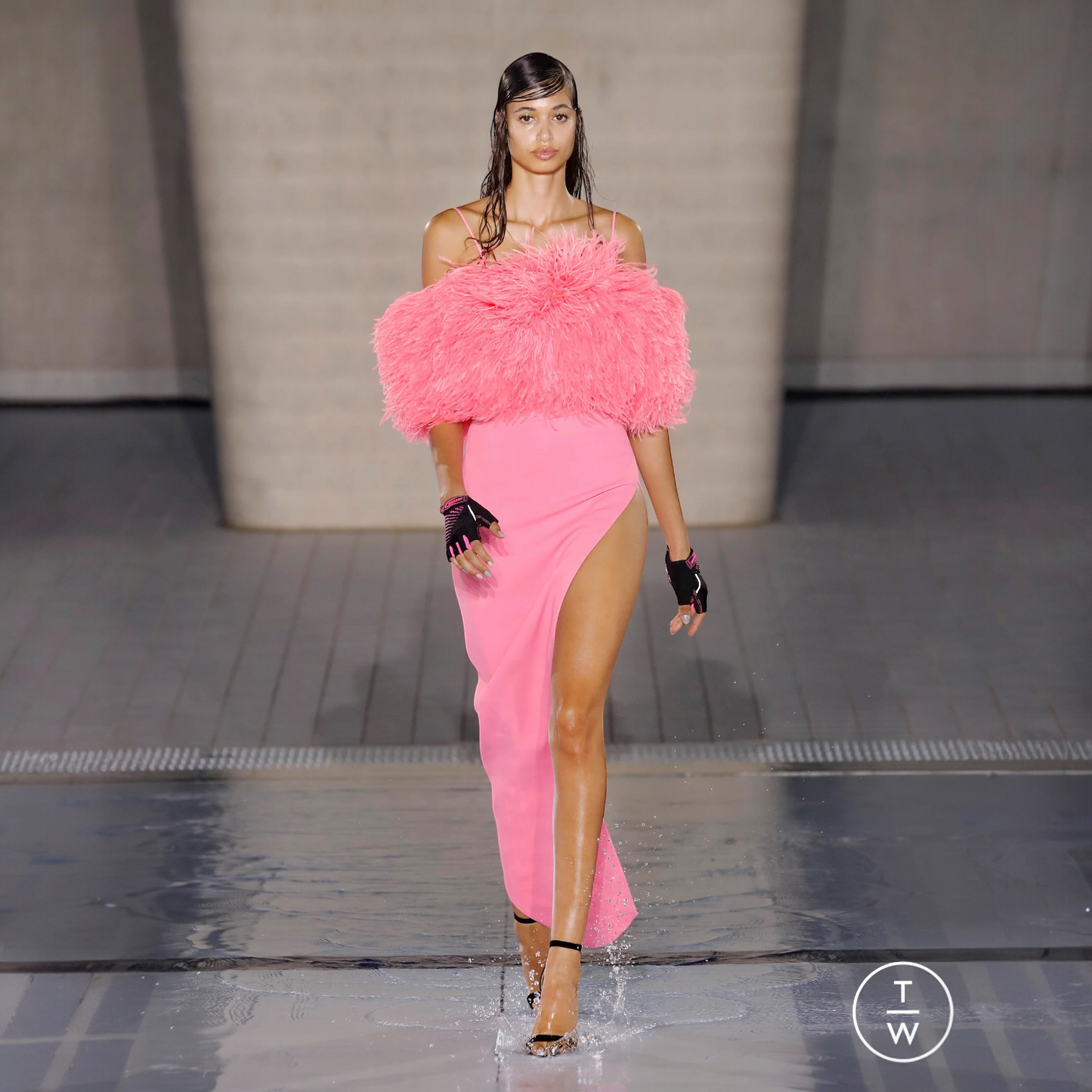 David Koma High Slit Feather Bra Dress in Pink
