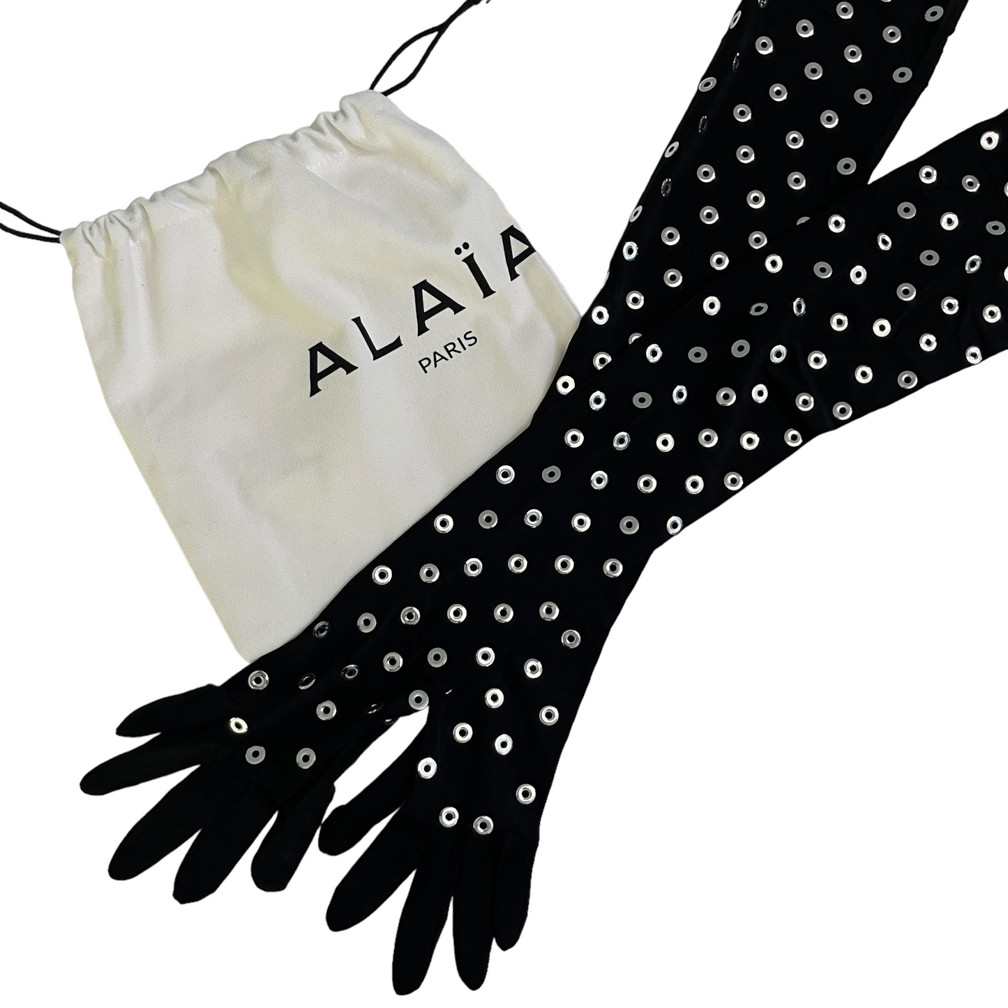 ALAÏA Eyelet Gloves in Noir & Argent