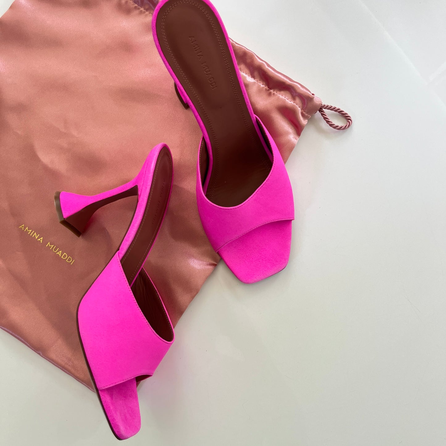 AMINA MUADDI Lupita Suede Slipper Mule in Fluo Pink