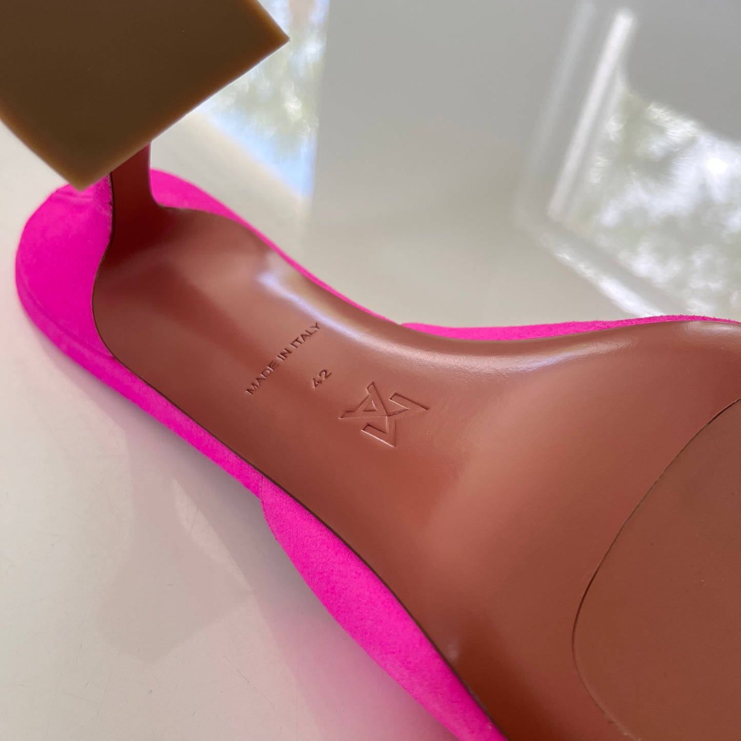 AMINA MUADDI Lupita Suede Slipper Mule in Fluo Pink
