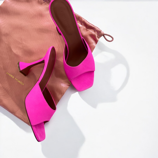 AMINA MUADDI Lupita Suede Slipper Mule in Fluo Pink
