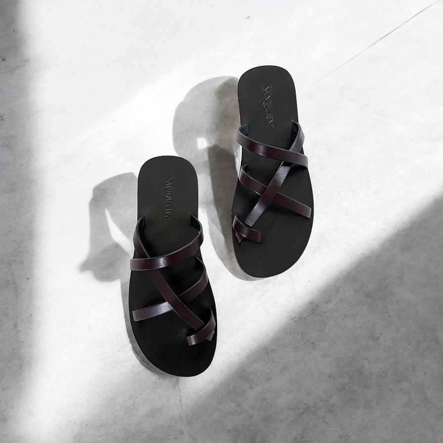 Saint Laurent Culver Flat Sandal in Ultra Dark Brown