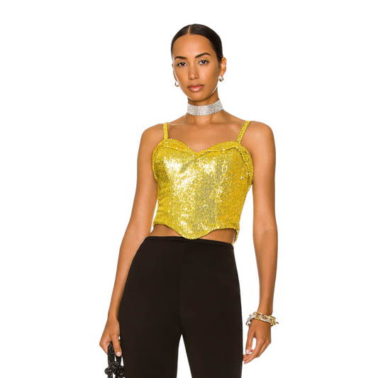 AREA Sequin Corset Top in Gold
