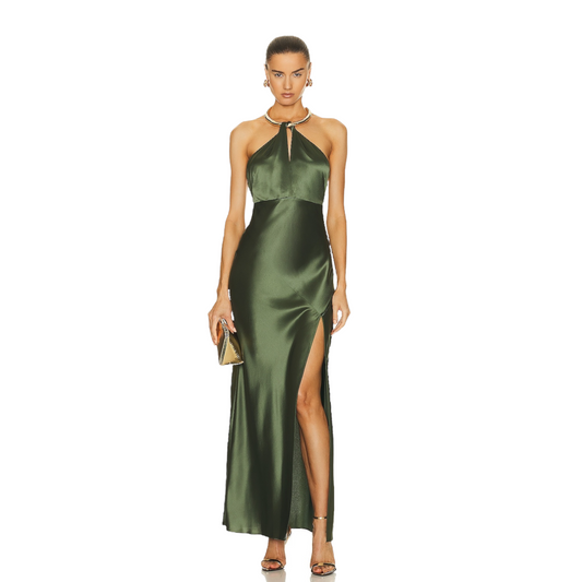 NICHOLAS Edyth Keyhole Necklace Gown in Dark Olive