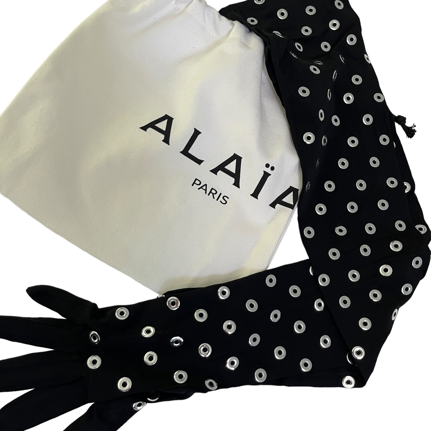ALAÏA Eyelet Gloves in Noir & Argent