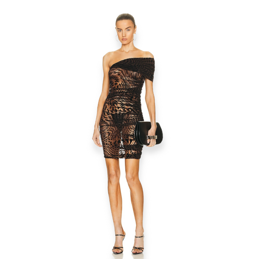 Mugler Off the Shoulder Flocked Star Wavy Dress in Nude 02 & Black