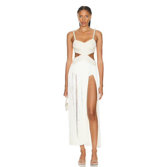 PatBO All-over Fringe Sleeveless Maxi Dress in White