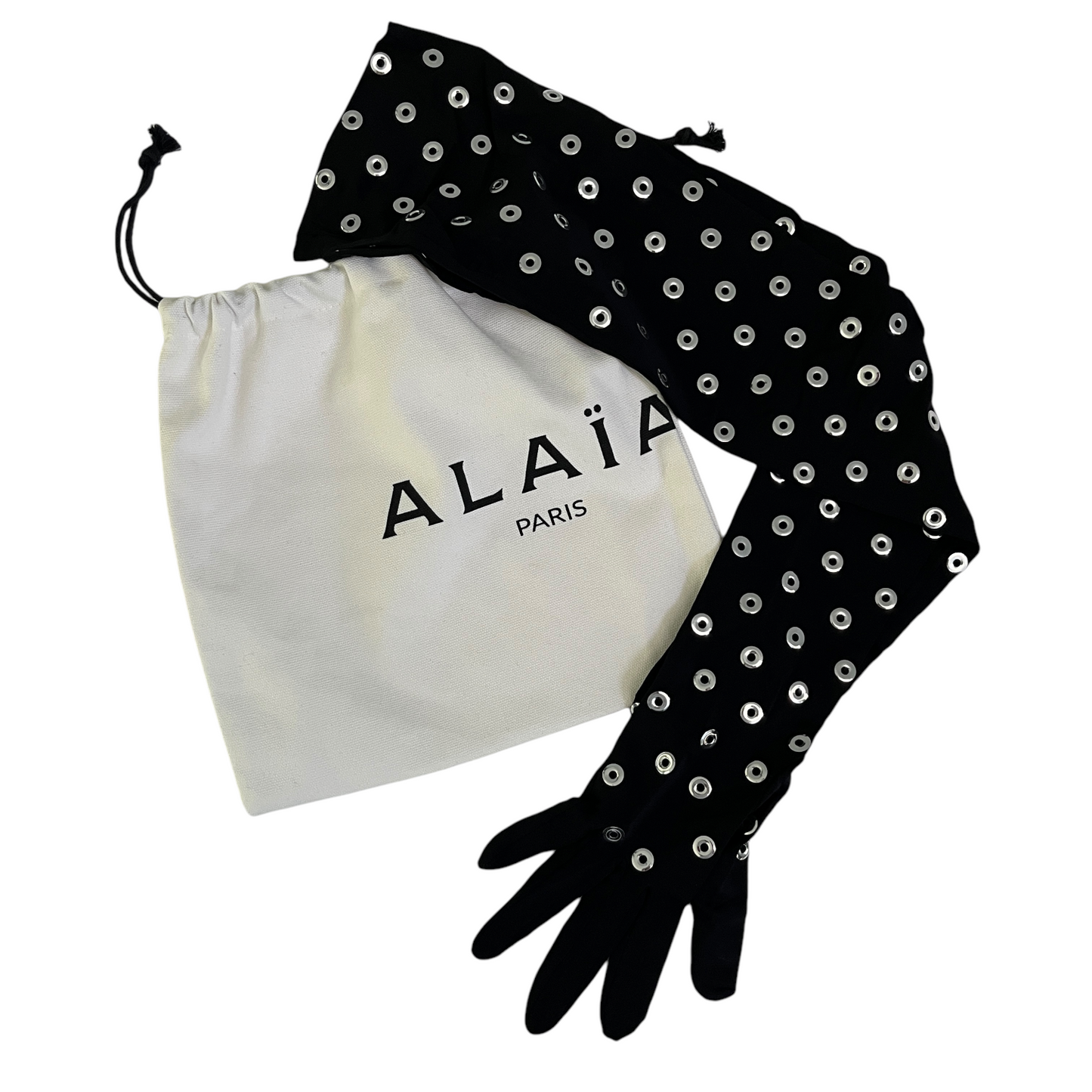 ALAÏA Eyelet Gloves in Noir & Argent