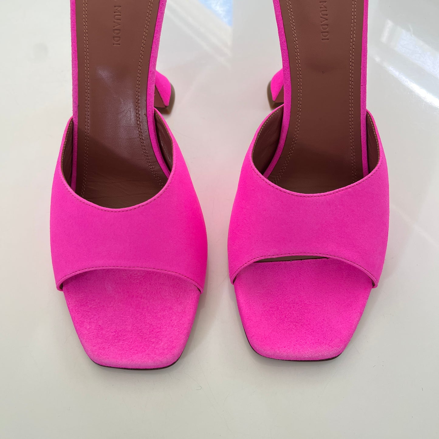 AMINA MUADDI Lupita Suede Slipper Mule in Fluo Pink