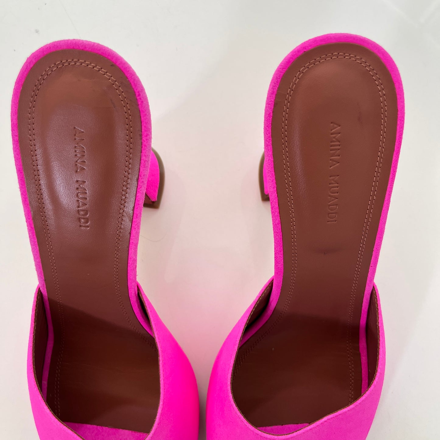 AMINA MUADDI Lupita Suede Slipper Mule in Fluo Pink