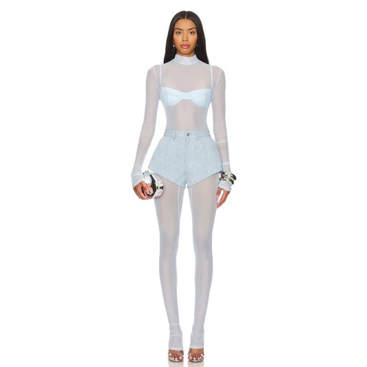 Lapointe Mesh Mock Neck Catsuit in Light Indigo