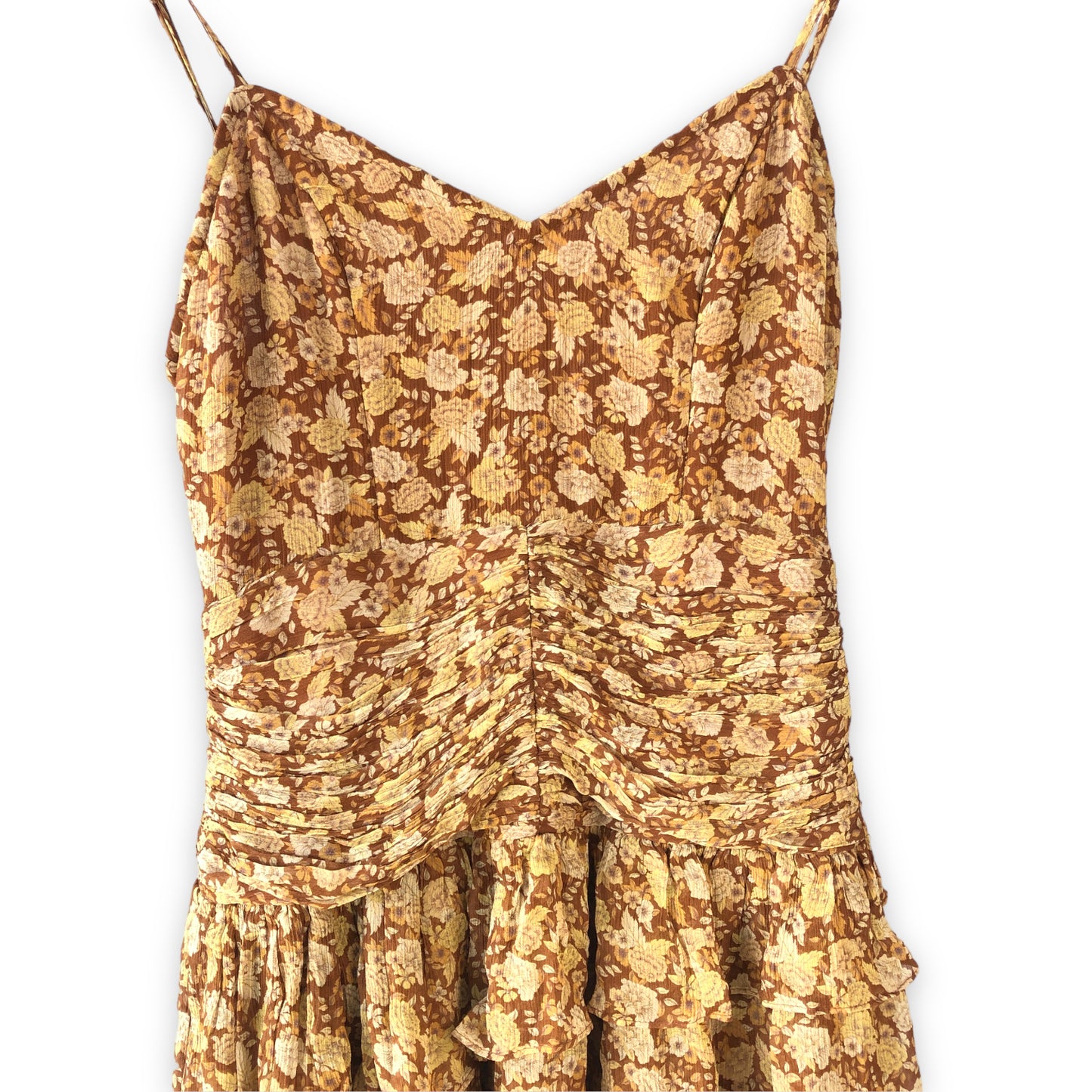 Shona Joy Sunset Ruched Mini Dress in Turmeric Multi Upcycled - Modified